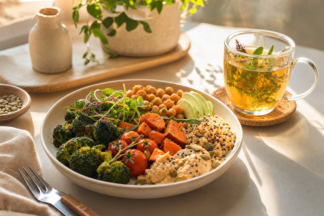 Nährstoffreiche Mahlzeit und Kräutertee
